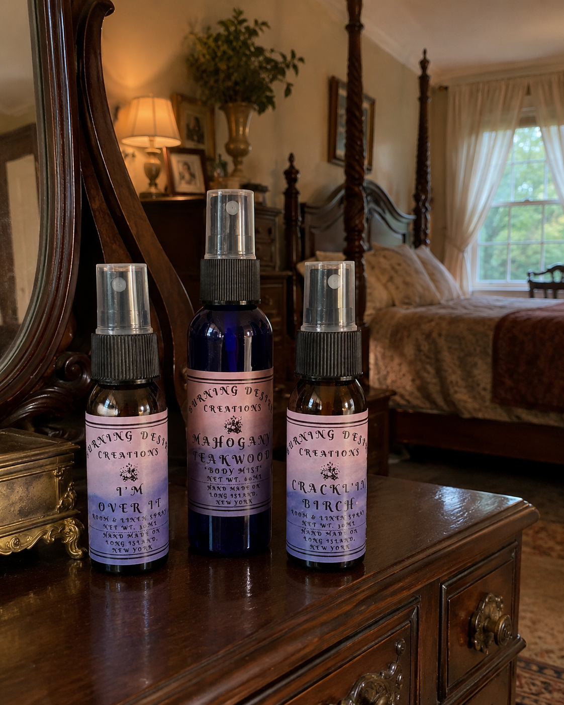 Three Burning Desire Room & Linen Spray bottles