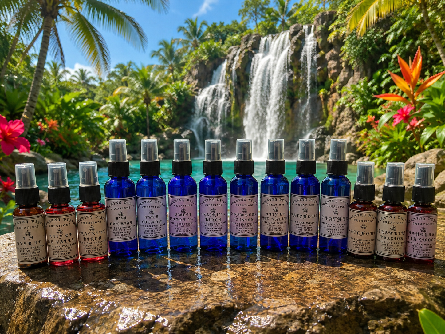 Burning Desire fragrance sprays displayed beside a waterfall